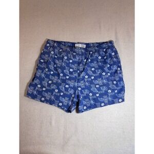 Vintage 90s Pacific Scene Swim Trunks Mens L Blue Seashell Hibiscus Tapa Print